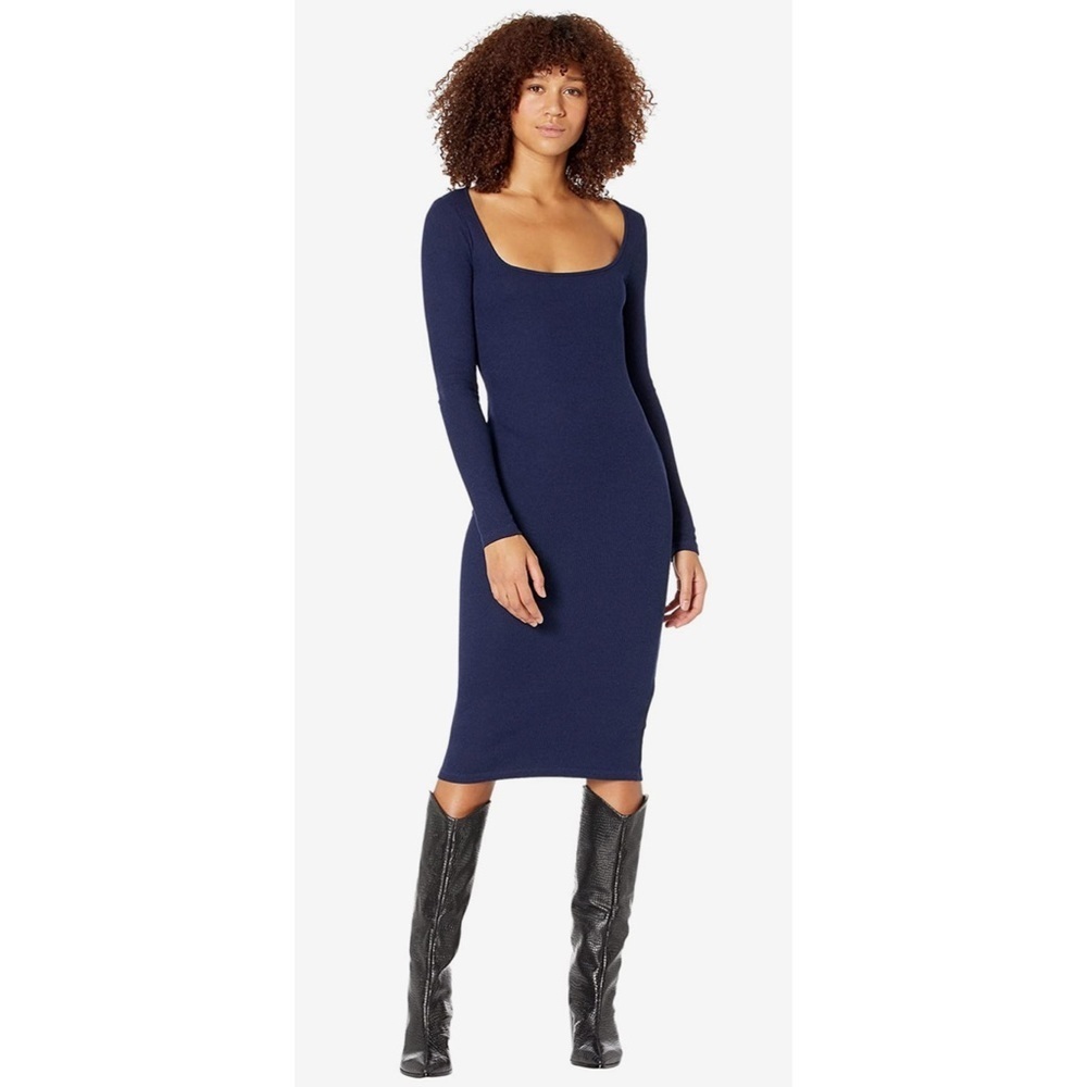 MONROW Blue Rib Knit Square Neck Long Sleeve Midi Bodycon Dress EUC Sz XS HD0441